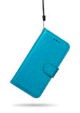 Tampa de couro do telefone celular isolada no fundo branco Caixa azul do telefone com corda para o projeto Trajeto de grampeament imagem de stock royalty free Tampa de couro do telefone celular isolada no fundo branco Caixa azul do telefone com corda para o projeto Trajeto de grampeament imagem de stock royalty free