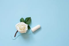 Tampon menstrual cotton pads on blue background with white flower . Woman hygiene conception photo. Soft tender protection for royalty free stock photo Tampon menstrual cotton pads on blue background with white flower . Woman hygiene conception photo. Soft tender protection for royalty free stock photo
