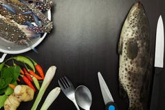 Tandbaarsvissen en krabben op donkere zwarte achtergrond, kruiden en veget royalty-vrije stock fotografie Tandbaarsvissen en krabben op donkere zwarte achtergrond, kruiden en veget royalty-vrije stock fotografie