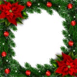 Tannenzweigfeiertagsrahmen mit Poinsettia und Verzierungen lizenzfreie abbildung Tannenzweigfeiertagsrahmen mit Poinsettia und Verzierungen lizenzfreie abbildung