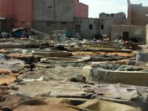 View of the vats of skins drying in the tanners district in Marrakech, Morocco royalty free stock photography View of the vats of skins drying in the tanners district in Marrakech, Morocco royalty free stock photography