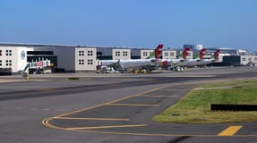 Airport of Lisbon in Portugal with TAP airplanes stock image Airport of Lisbon in Portugal with TAP airplanes stock image