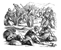 Tappningteckningen av den bibliska berättelsen av israeliter som talas mot Moses, gud överför giftiga ormar som bestraffning stock illustrationer Tappningteckningen av den bibliska berättelsen av israeliter som talas mot Moses, gud överför giftiga ormar som bestraffning stock illustrationer