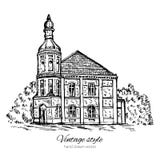 Tappningvektorn skissar det gamla huset för tegelplattan, den övergav kyrkan, den knapphändiga linjen konst som för historisk byg vektor illustrationer Tappningvektorn skissar det gamla huset för tegelplattan, den övergav kyrkan, den knapphändiga linjen konst som för historisk byg vektor illustrationer