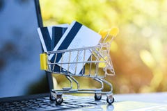 Tarjeta de crédito y usar el carro de la compra en línea del concepto del pago fácil del ordenador portátil que hace compras con fotos de archivo libres de regalías Tarjeta de crédito y usar el carro de la compra en línea del concepto del pago fácil del ordenador portátil que hace compras con fotos de archivo libres de regalías