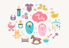 Tarjeta de felicitaciones - bebés y juguetes ilustración del vector Tarjeta de felicitaciones - bebés y juguetes ilustración del vector