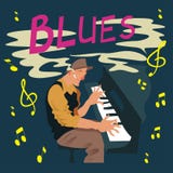 Tarjeta de felicitación brillante Cartel con el músico Juegos del hombre en azules del piano Ilustración del vector libre illustration Tarjeta de felicitación brillante Cartel con el músico Juegos del hombre en azules del piano Ilustración del vector libre illustration