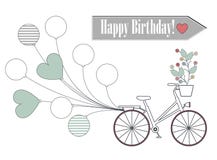 Tarjeta de felicitación con la bicicleta, los globos y las flores aislados en whi Fotos de archivo Tarjeta de felicitación con la bicicleta, los globos y las flores aislados en whi Fotos de archivo