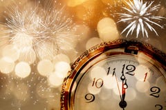 Tarjeta de felicitación del Año Nuevo con las luces del reloj y del día de fiesta del vintage Imagen de archivo