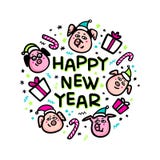 Tarjeta de felicitación del cerdo de la Feliz Año Nuevo Cerdo divertido con el regalo y los sombreros de santa Símbolo chino del stock de ilustración Tarjeta de felicitación del cerdo de la Feliz Año Nuevo Cerdo divertido con el regalo y los sombreros de santa Símbolo chino del stock de ilustración