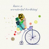 Tarjeta de felicitación del cumpleaños con la bicicleta y los regalos en estilo de la historieta en fondo ligero Ilustración del Foto de archivo Tarjeta de felicitación del cumpleaños con la bicicleta y los regalos en estilo de la historieta en fondo ligero Ilustración del Foto de archivo