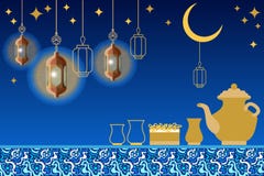 Tarjeta de felicitación del partido de Iftar Comida, bebida, luna creciente, estrellas, linternas orientales y ornamentos en fond libre illustration Tarjeta de felicitación del partido de Iftar Comida, bebida, luna creciente, estrellas, linternas orientales y ornamentos en fond libre illustration