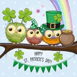 Tarjeta de felicitación del St Patricks con tres búhos stock de ilustración Tarjeta de felicitación del St Patricks con tres búhos stock de ilustración