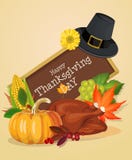 Tarjeta de felicitación feliz del día de la acción de gracias con las calabazas, el sombrero del peregrino y el pavo Imagen de archivo