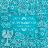 Tarjeta de felicitación de Jánuca con Torah, el menorah y los dreidels stock de ilustración Tarjeta de felicitación de Jánuca con Torah, el menorah y los dreidels stock de ilustración