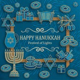 Tarjeta de felicitación de Jánuca con Torah, el menorah y los dreidels Lugar para su texto stock de ilustración Tarjeta de felicitación de Jánuca con Torah, el menorah y los dreidels Lugar para su texto stock de ilustración