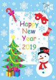 Tarjeta 2019 de felicitación de la Feliz Año Nuevo con el muñeco de nieve, el árbol de navidad y los regalos Ilustración del vect stock de ilustración Tarjeta 2019 de felicitación de la Feliz Año Nuevo con el muñeco de nieve, el árbol de navidad y los regalos Ilustración del vect stock de ilustración