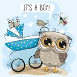 Tarjeta de felicitación su un muchacho con el carro y el búho de bebé stock de ilustración Tarjeta de felicitación su un muchacho con el carro y el búho de bebé stock de ilustración