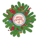 Tarjeta de Navidad blanca con las ramas, las decoraciones y las letras de la picea ilustración del vector Tarjeta de Navidad blanca con las ramas, las decoraciones y las letras de la picea ilustración del vector