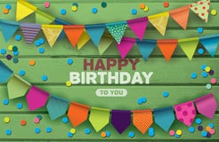 Tarjeta del feliz cumpleaños con las guirnaldas y el confeti de papel coloridos stock de ilustración Tarjeta del feliz cumpleaños con las guirnaldas y el confeti de papel coloridos stock de ilustración
