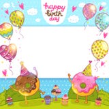 Tarjeta del feliz cumpleaños con los anillos de espuma y las magdalenas. stock de ilustración Tarjeta del feliz cumpleaños con los anillos de espuma y las magdalenas. stock de ilustración