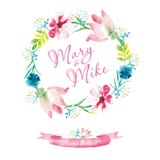 Tarjeta del vintage de la invitación de la boda con los elementos de la acuarela Pintura de la mano, flores apacibles stock de ilustración Tarjeta del vintage de la invitación de la boda con los elementos de la acuarela Pintura de la mano, flores apacibles stock de ilustración