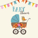 Tarjeta linda de la invitación o de cumpleaños de la fiesta de bienvenida al bebé con el pájaro, el carro de bebé y las flores Fo ilustración del vector Tarjeta linda de la invitación o de cumpleaños de la fiesta de bienvenida al bebé con el pájaro, el carro de bebé y las flores Fo ilustración del vector