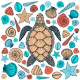 Tartaruga e coperture di mare nella linea stile di arte Illustrazione disegnata a mano di vettore Fotografia Stock Libera da Diritti Tartaruga e coperture di mare nella linea stile di arte Illustrazione disegnata a mano di vettore Fotografia Stock Libera da Diritti