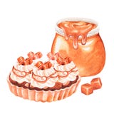Tartlet with peanuts and a jar of caramel. Watercolor illustration. Isolated on a white background.