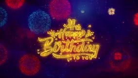 4tas partículas de saludo de la chispa del texto del feliz cumpleaños en los fuegos artificiales coloreados 4tas partículas de saludo de la chispa del texto del feliz cumpleaños en los fuegos artificiales coloreados