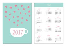 Taschenkalender 2017-jährig Woche beginnt Sonntag Vertikale Schablone Orientierung des flachen Designs Teetasse mit Herzen Grunge Lizenzfreies Stockfoto Taschenkalender 2017-jährig Woche beginnt Sonntag Vertikale Schablone Orientierung des flachen Designs Teetasse mit Herzen Grunge Lizenzfreies Stockfoto