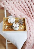 Tasse avec du chocolat chaud, cuvette avec des guimauves, pot avec du chocolat, plaid géant en pastel rose images stock Tasse avec du chocolat chaud, cuvette avec des guimauves, pot avec du chocolat, plaid géant en pastel rose images stock