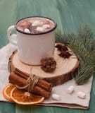 Tasse de cacao avec l'arbre de Noël foncé d'hiver de chocolat chaud de guimauve photo stock Tasse de cacao avec l'arbre de Noël foncé d'hiver de chocolat chaud de guimauve photo stock