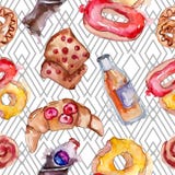 Tasty Cake And Bun In A Watercolor Style Food. Watercolour Illustration Set. Seamless Background Pattern. Royalty Free Stock Images