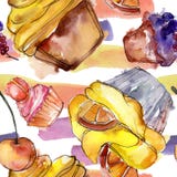 Tasty Cake And Bun In A Watercolor Style. Watercolour Illustration Set. Seamless Background Pattern. Royalty Free Stock Photo