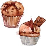 Tasty Cake And Bun Sweet Dessert. Watercolor Background Set. Isolated Desserts Illustration Element. Stock Photo