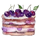 Tasty cake with cherry in a watercolor style isolated. Aquarelle sweet dessert. Background illustration set. stock illustration Tasty cake with cherry in a watercolor style isolated. Aquarelle sweet dessert. Background illustration set. stock illustration
