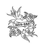 Tattoos with the inscription of Mom and Dad. Two hearts with a flower and a bird. Vector flat tattoo. Congratulation for parents royalty free illustration Tattoos with the inscription of Mom and Dad. Two hearts with a flower and a bird. Vector flat tattoo. Congratulation for parents royalty free illustration