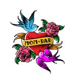 Tattoos with the inscription of Mom and Dad. Two hearts with a flower and a bird. Vector flat tattoo. Congratulation for parents vector illustration Tattoos with the inscription of Mom and Dad. Two hearts with a flower and a bird. Vector flat tattoo. Congratulation for parents vector illustration