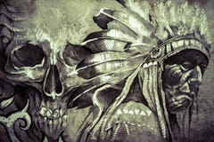 Tatúe el bosquejo del jefe de la tribu indio americano del guerrero con el cráneo ilustración del vector Tatúe el bosquejo del jefe de la tribu indio americano del guerrero con el cráneo ilustración del vector