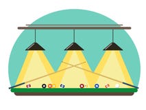 Tavola di biliardo con tre lampade, palle e stecche illuminantesi nello stile del piano illustrazione vettoriale Tavola di biliardo con tre lampade, palle e stecche illuminantesi nello stile del piano illustrazione vettoriale