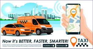 Taxi & app van de vrachtvervoerindustrie banner Moderne de gebouwenhi-tech van de stadshorizon & smartphonegps van de taxicabine vector illustratie Taxi & app van de vrachtvervoerindustrie banner Moderne de gebouwenhi-tech van de stadshorizon & smartphonegps van de taxicabine vector illustratie