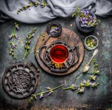 Taza calmante de infusión de hierbas con los ingredientes orgánicos más frescos: hierbas y flores en fondo rústico del vintage co fotografía de archivo Taza calmante de infusión de hierbas con los ingredientes orgánicos más frescos: hierbas y flores en fondo rústico del vintage co fotografía de archivo