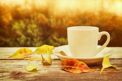 taza de café sobre la tabla y las hojas de otoño de madera delante del fondo otoñal Imágenes de archivo libres de regalías taza de café sobre la tabla y las hojas de otoño de madera delante del fondo otoñal Imágenes de archivo libres de regalías
