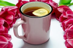 Taza rosada de té con los soportes del limón en un fondo blanco al lado de tulipanes rosados fotografía de archivo libre de regalías Taza rosada de té con los soportes del limón en un fondo blanco al lado de tulipanes rosados fotografía de archivo libre de regalías