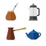 Tea and coffee making facility flat icons. Yerba mate calabash, teapot, french press, turkish cezve vector illustration Tea and coffee making facility flat icons. Yerba mate calabash, teapot, french press, turkish cezve vector illustration