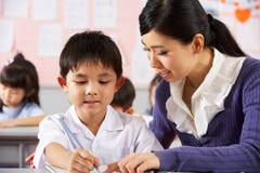 Teacher Helping Student In Chinese School