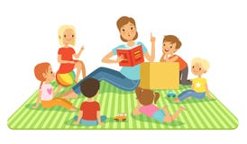 Teacher and kids in big classroom at lesson. Childrens sitting at their dasks. Vector illustrations in cartoon style stock illustration Teacher and kids in big classroom at lesson. Childrens sitting at their dasks. Vector illustrations in cartoon style stock illustration