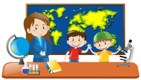 Teacher and two students in geography class vector illustration Teacher and two students in geography class vector illustration