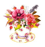 Teacup - autumn leaves, rose flowers, berries, vintage feathers. Watercolor stock illustration Teacup - autumn leaves, rose flowers, berries, vintage feathers. Watercolor stock illustration